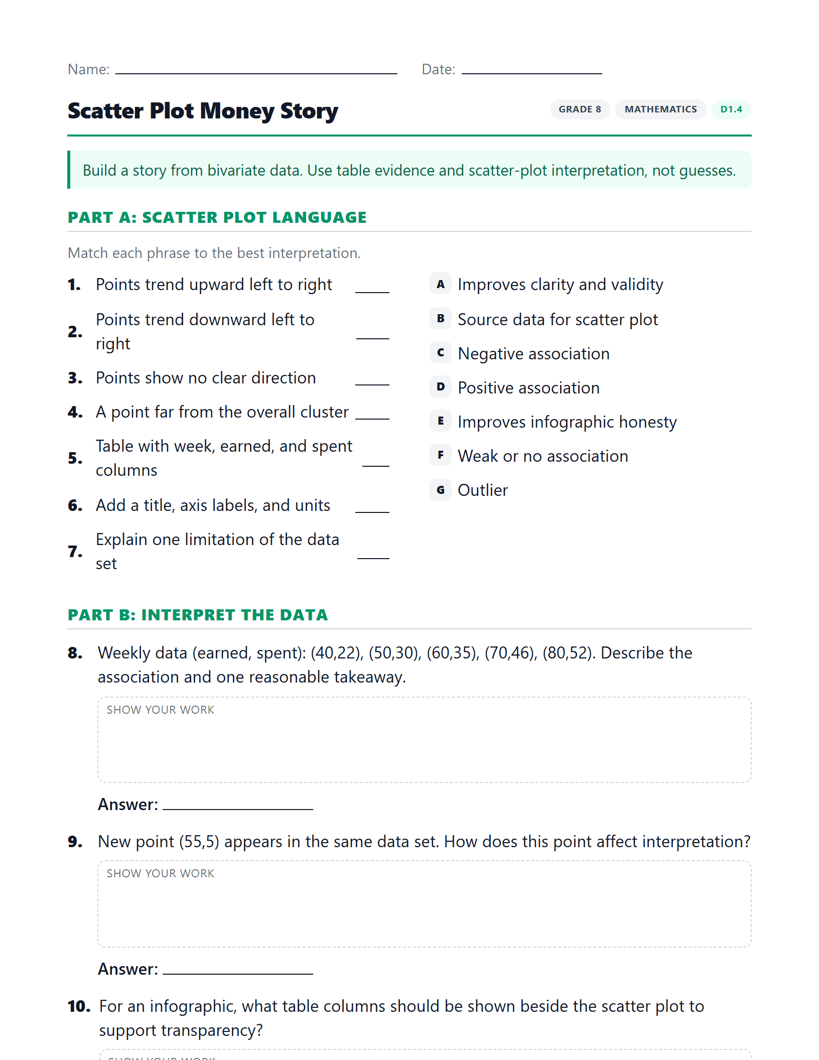 Preview of Scatter Plot Money Story worksheet