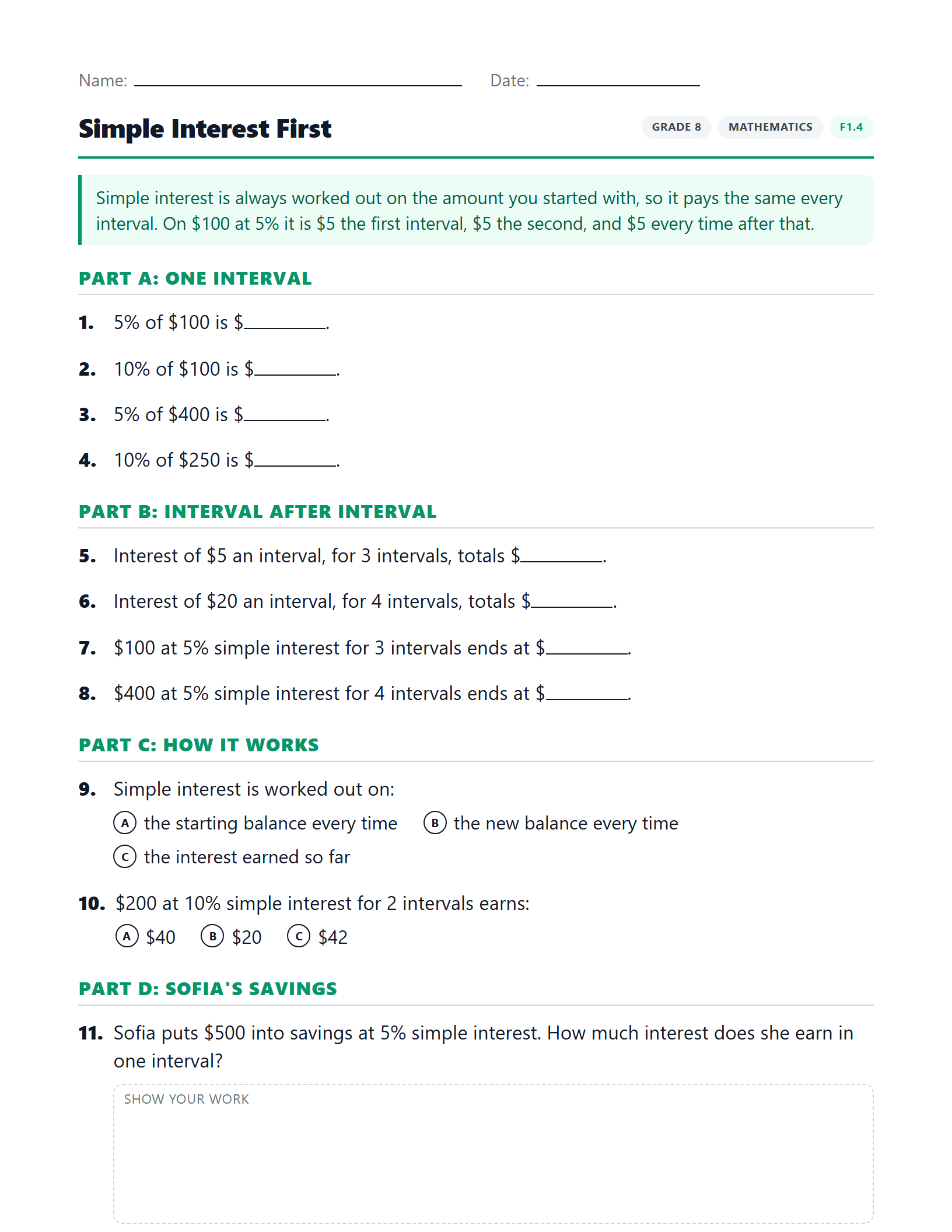 Preview of Simple Interest First worksheet