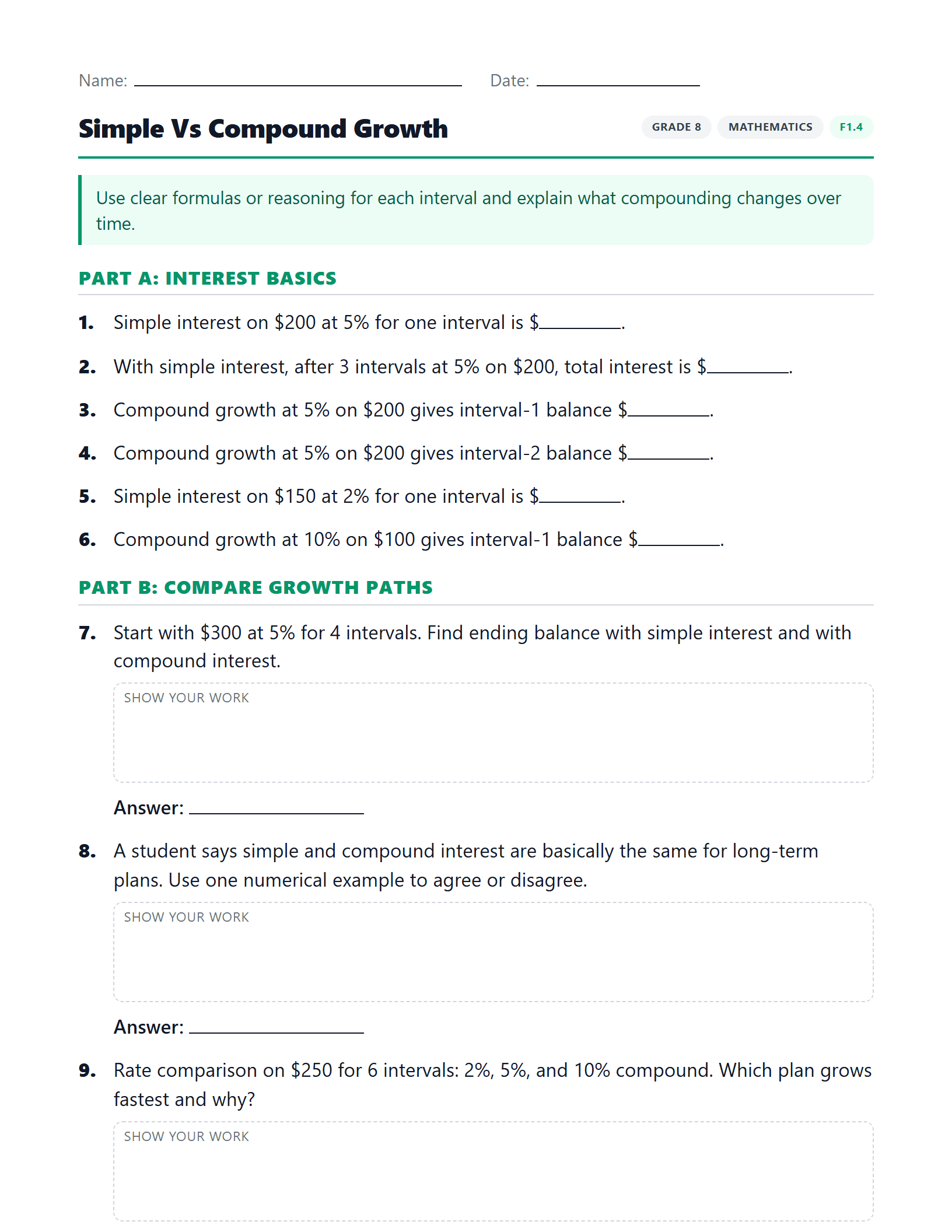 Preview of Simple Vs Compound Growth worksheet